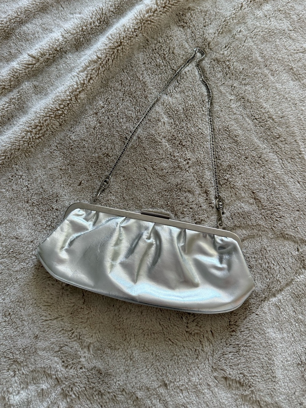 Giani Bernini Genuine Leather Silver Evening Clutch Bag with Chain Strap